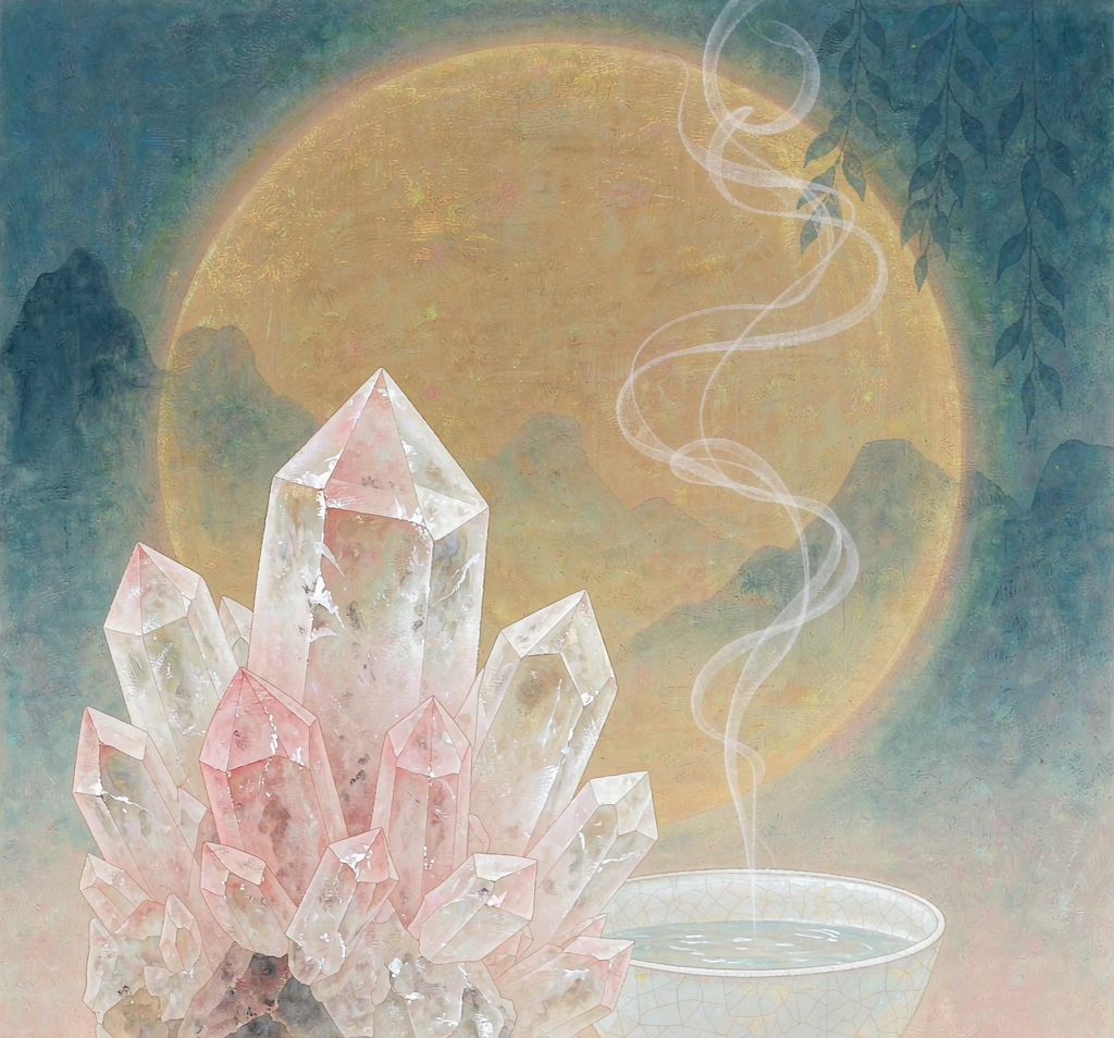 月光下白水晶簇與淨化水碗